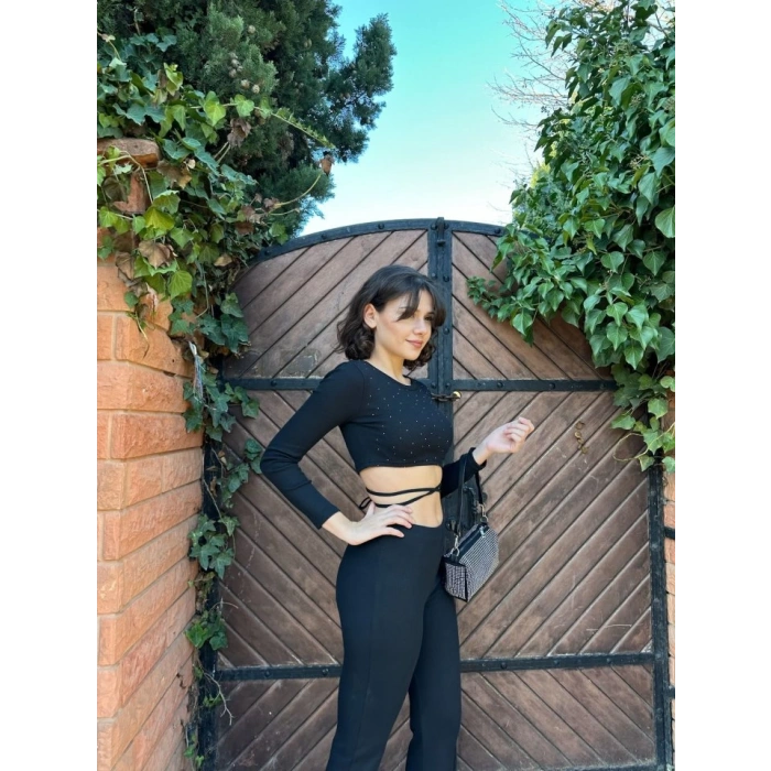 Kadın Paçası Yırtmaç Detaylı Taşlı Bel Bağlamalı Kaşkorse İkili Takım