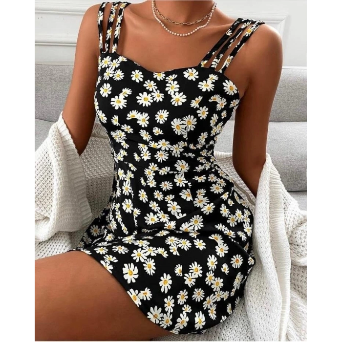 Kadın Papatya Desen Mikro Kumaş Askılı Elbise