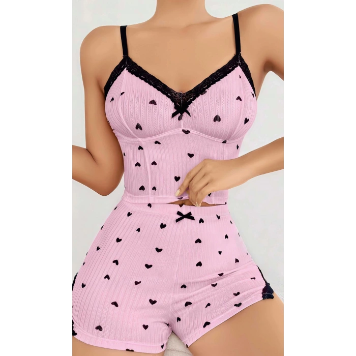 Kadın Pembe Kalp Desenli Askılı Şortlu Pijama Takım 5013