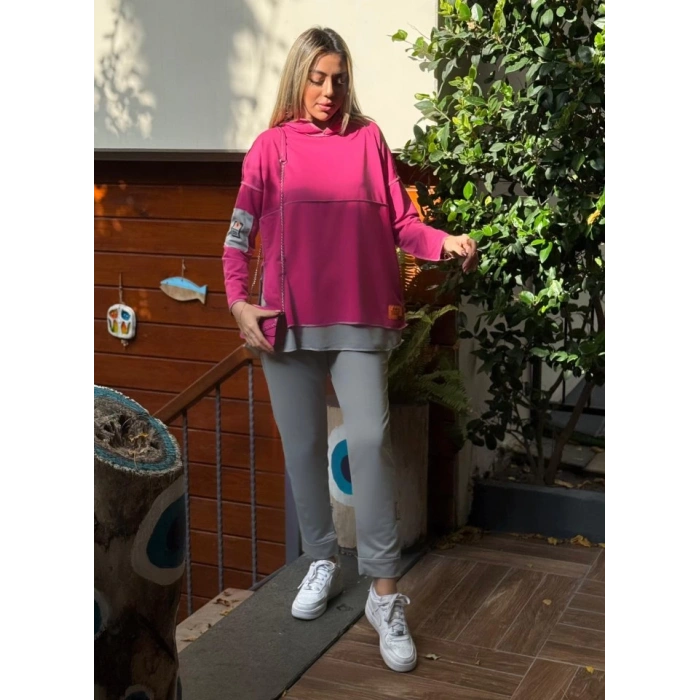 Kadın Pembe Kapşonlu Etek Ucu Detay Arma Ters Dikiş Gorunumlu Ikili Takım