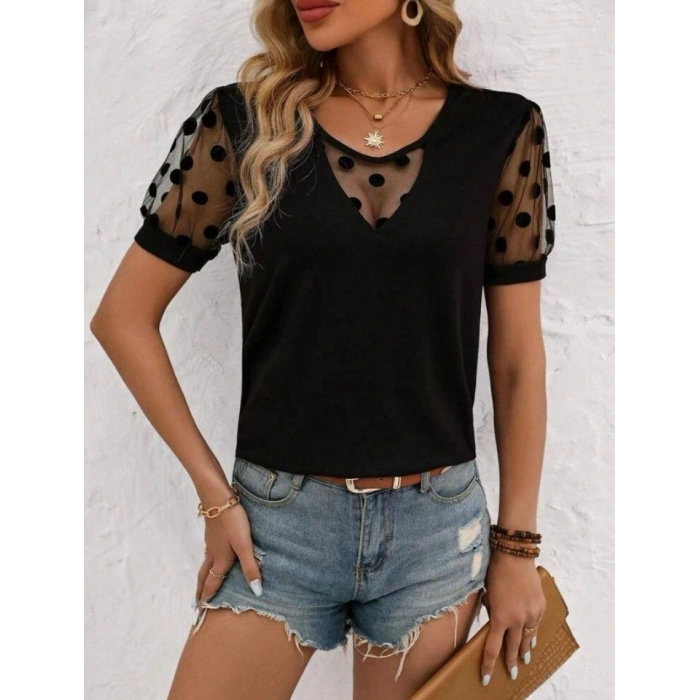 Kadın Puantiyeli Tül Kol Detay Sandy Kumaş Bluz