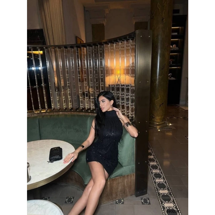 Kadın Pul Payet Kumaş Halter Yaka Mini Elbise