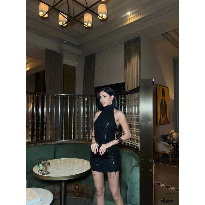 Kadın Pul Payet Kumaş Halter Yaka Mini Elbise