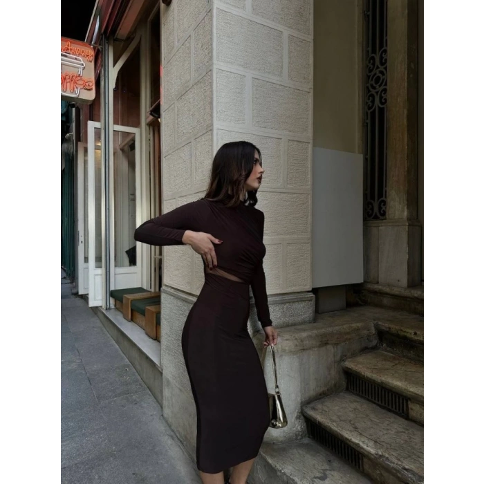 Kadın Sandy Kumaş Drabe Yaka Belinde Tül Detaylı Midi Boy Elbise