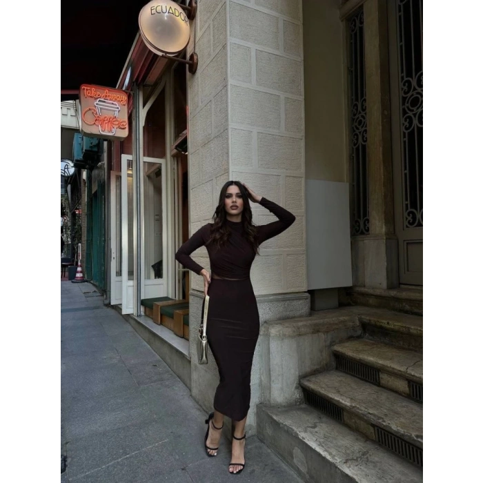 Kadın Sandy Kumaş Drabe Yaka Belinde Tül Detaylı Midi Boy Elbise