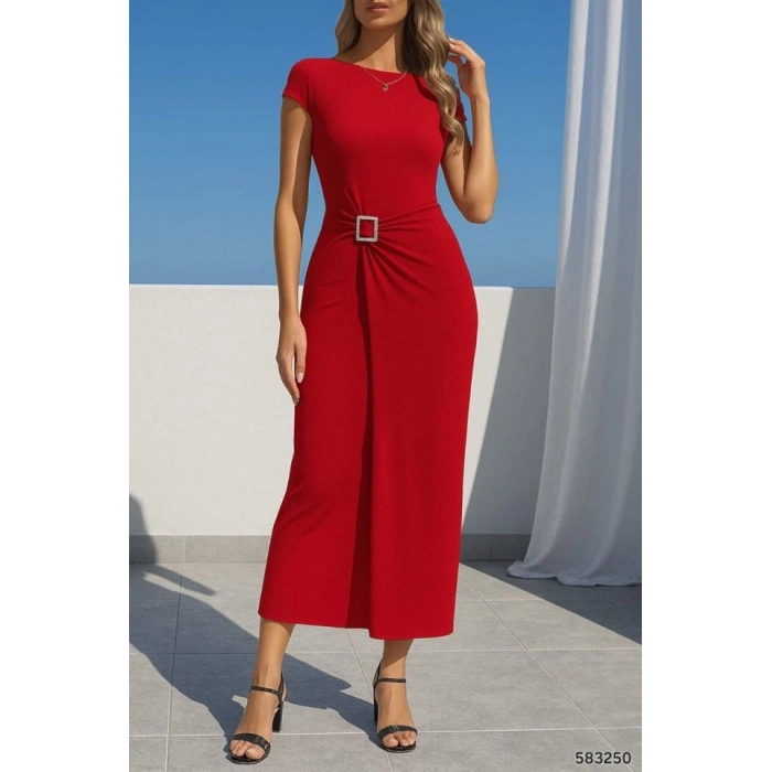 Kadın Sandy Kumaş Metal Toka Detaylı Midi Boy Elbise