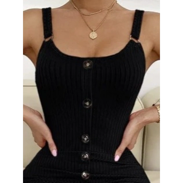 Kadın Sıfır Kol Askı Halka Detay önü Düğmeli Midi Boy Yırtmaçlı Fitilli Kaşkorse Elbise