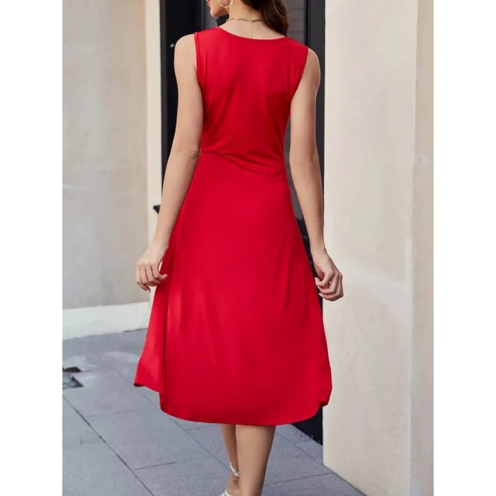 Kadın Sıfır Kol Bisiklet Yaka Bel Büzgü Detay Viskon Elbise