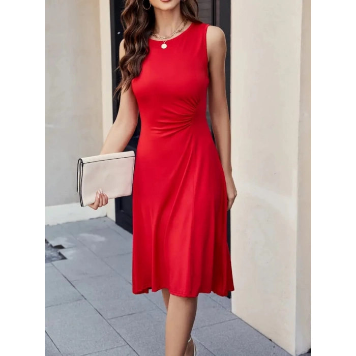 Kadın Sıfır Kol Bisiklet Yaka Bel Büzgü Detay Viskon Elbise