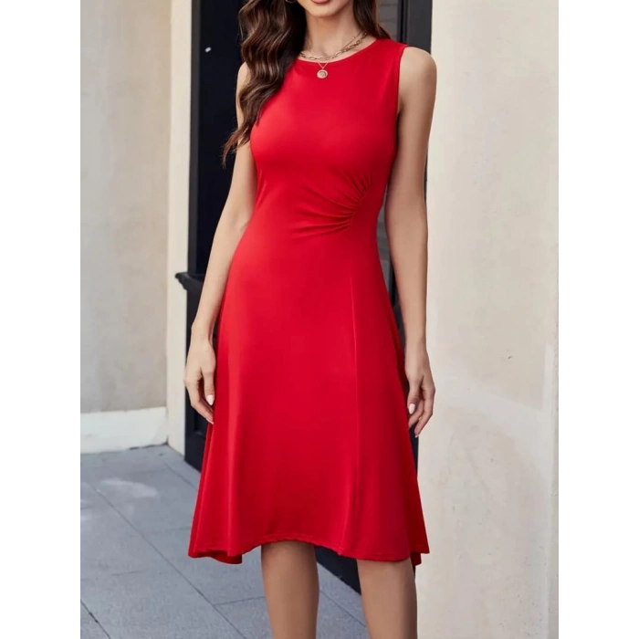 Kadın Sıfır Kol Bisiklet Yaka Bel Büzgü Detay Viskon Elbise