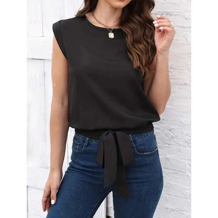 Kadın Sıfır Kol Etek Ucu Bağlama Detay Ithal Krep Bluz