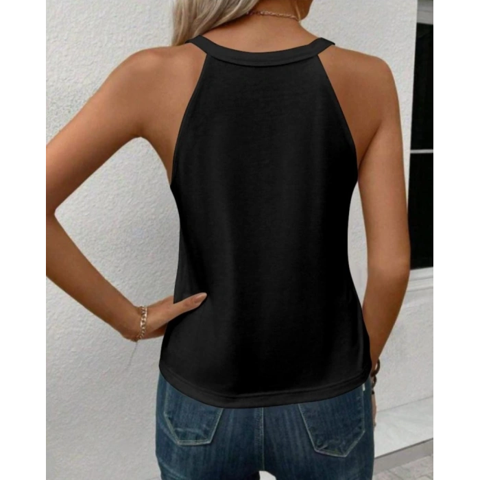 Kadın Sıfır Kol Halter Yaka Kalp Baskılı Viskon Bluz