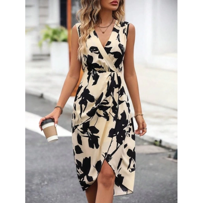 Kadın Sıfır Kol Kruvaze Yaka önden çapraz Kesim Detaylı Desenli Oysho Süprem Elbise