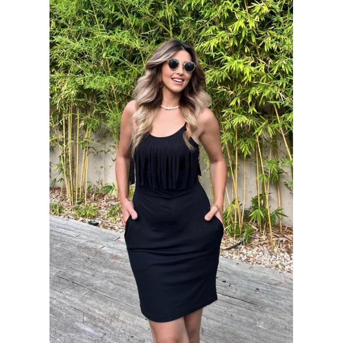 Kadın Sıfır Kol önü Püsküllü Askılı Viskon Mini Elbise