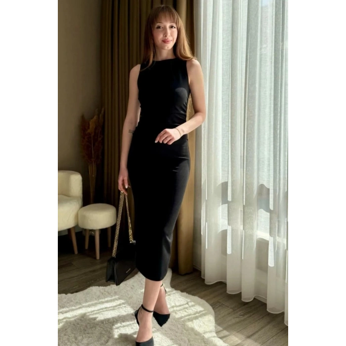 Kadın Sıfır Kol Sıfır Yaka Drape Detaylı Midi Janjan Krep Elbise