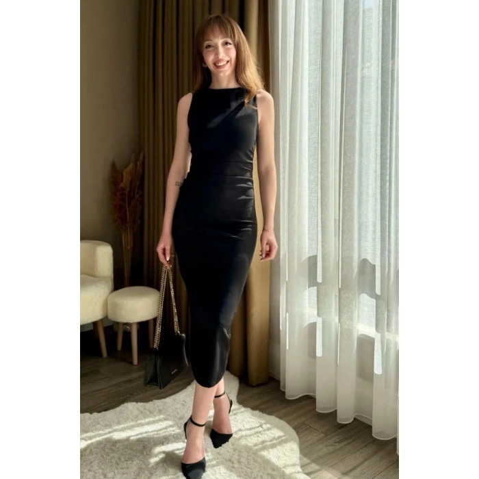 Kadın Sıfır Kol Sıfır Yaka Drape Detaylı Midi Janjan Krep Elbise