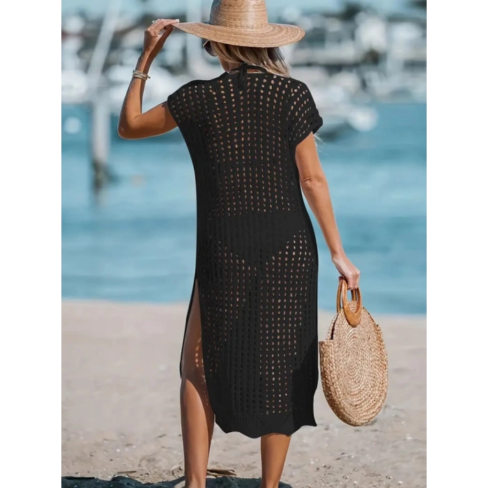 Kadın Sıfır Kol V Yaka Yanı Derin Yırtmaçlı Midi Boy Triko Elbise