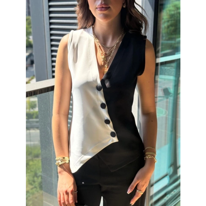 Kadın Sıfır Kol V Yakalı Düğmeli Blok Renkli Atlas Yelek