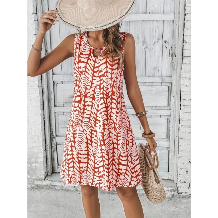 Kadın Sıfır Kol Yakadan Halka Detaylı Desenli Kısa Bürümcük Elbise