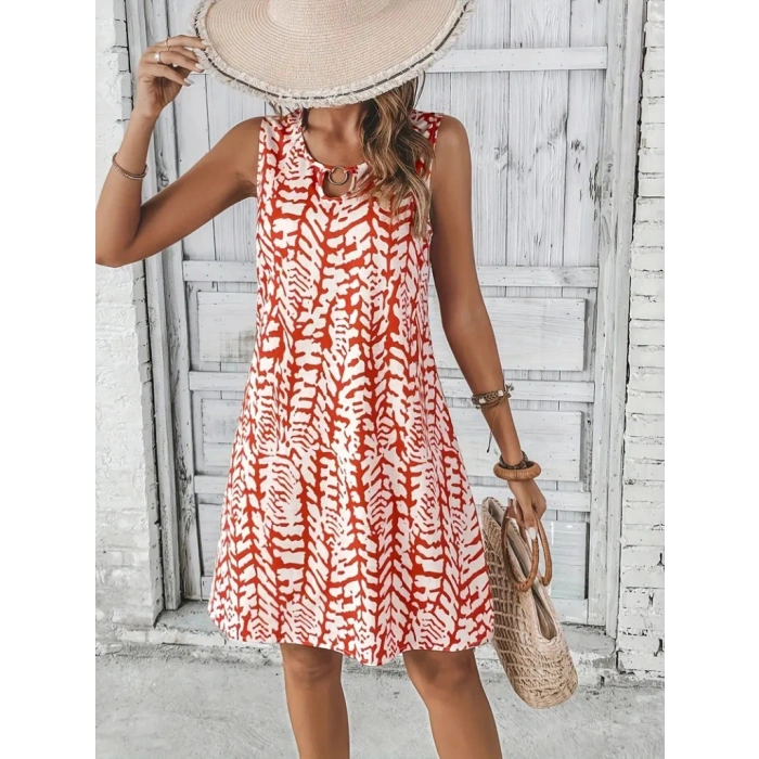 Kadın Sıfır Kol Yakadan Halka Detaylı Desenli Kısa Bürümcük Elbise