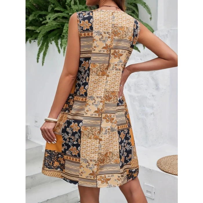 Kadın Sıfır Kol Yuvarlak Yaka çiçek Desenli Süprem Elbise