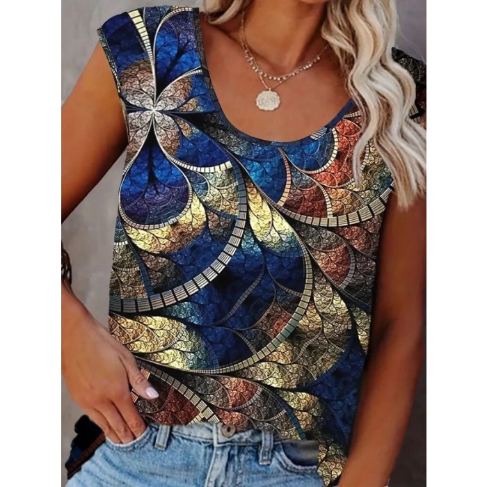 Kadın Sıfır Kol Yuvarlak Yaka Karışık Renkli Baskılı Süprem Bluz