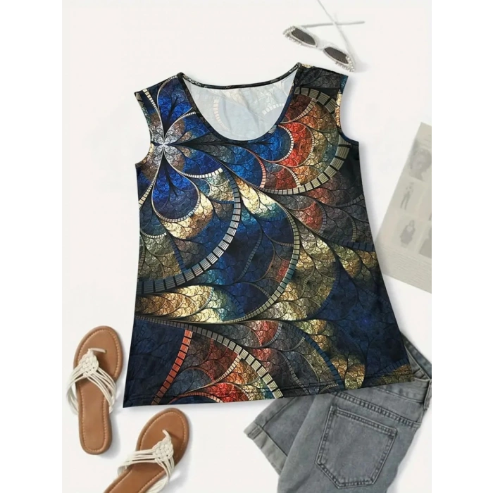 Kadın Sıfır Kol Yuvarlak Yaka Karışık Renkli Baskılı Süprem Bluz