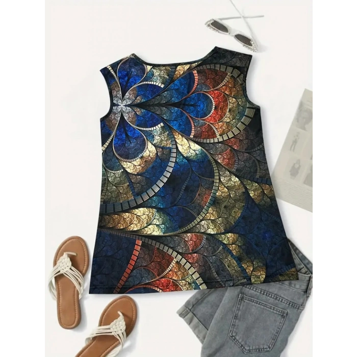 Kadın Sıfır Kol Yuvarlak Yaka Karışık Renkli Baskılı Süprem Bluz