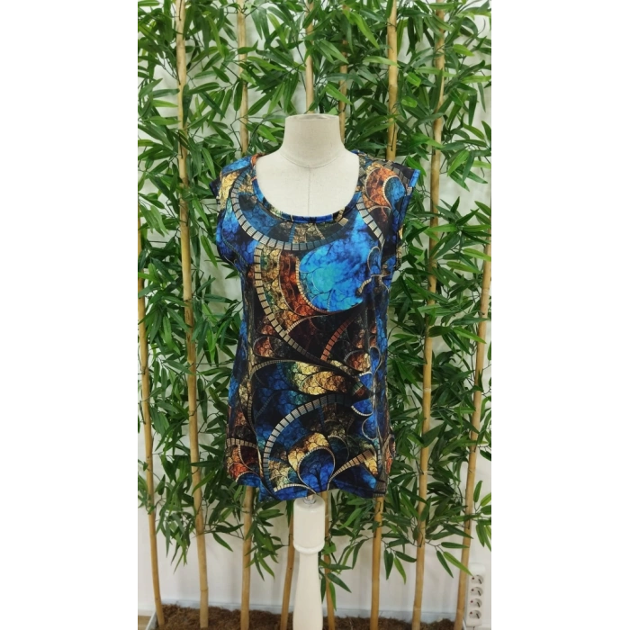 Kadın Sıfır Kol Yuvarlak Yaka Karışık Renkli Baskılı Süprem Bluz