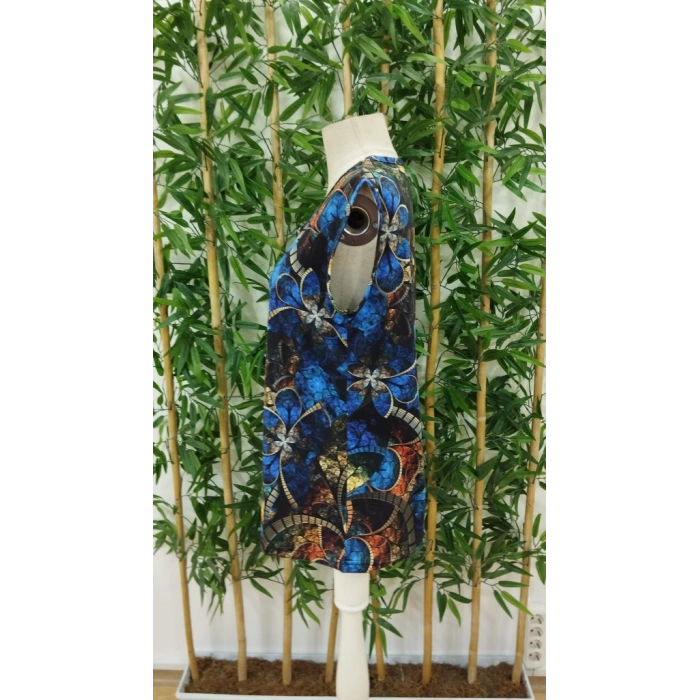 Kadın Sıfır Kol Yuvarlak Yaka Karışık Renkli Baskılı Süprem Bluz