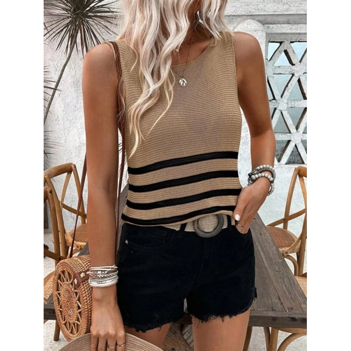 Kadın Sıfır Kol Yuvarlak Yaka şerit Detay Triko Bluz