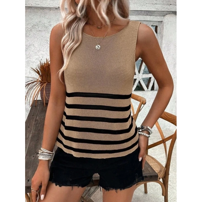 Kadın Sıfır Kol Yuvarlak Yaka şerit Detay Triko Bluz