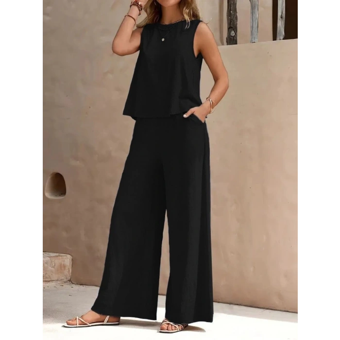 Kadın Sıfır Kollu Bisiklet Yaka Aerobin Bluz Ve Pantolon Ikili Takım