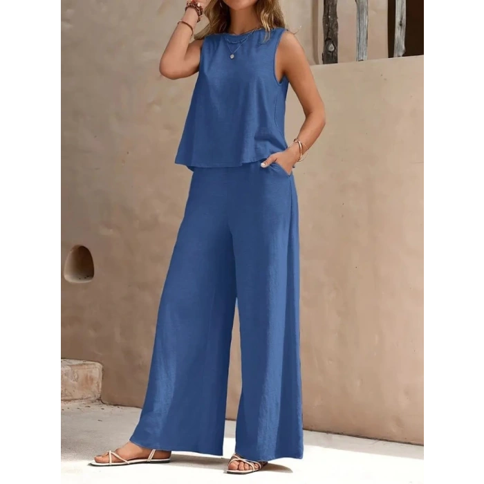 Kadın Sıfır Kollu Bisiklet Yaka Aerobin Bluz Ve Pantolon Ikili Takım