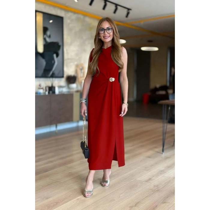 Kadın Sıfır Kollu Bisiklet Yaka Belden Büzgülü Yırtmaç Detaylı Janjan Krep Elbise