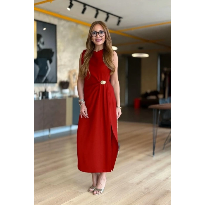 Kadın Sıfır Kollu Bisiklet Yaka Belden Büzgülü Yırtmaç Detaylı Janjan Krep Elbise