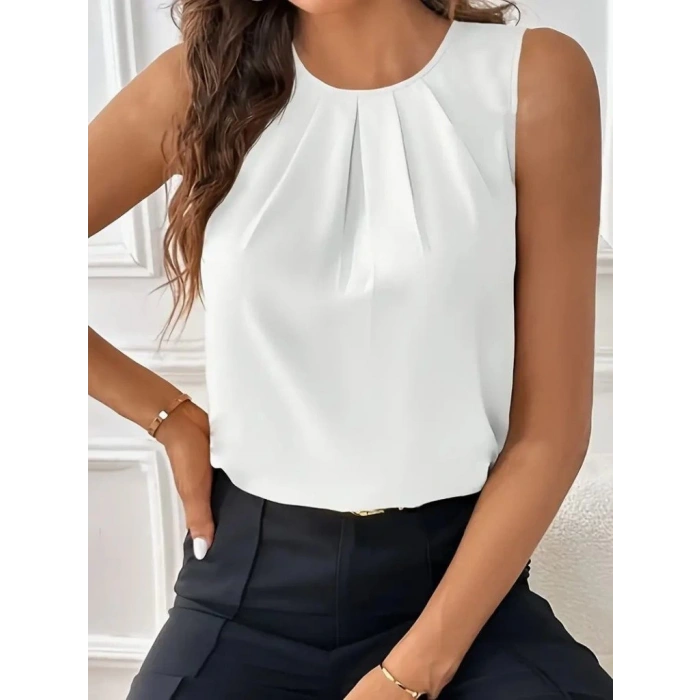 Kadın Sıfır Kollu Bisiklet Yaka önden Pileli Ithal Krep Bluz