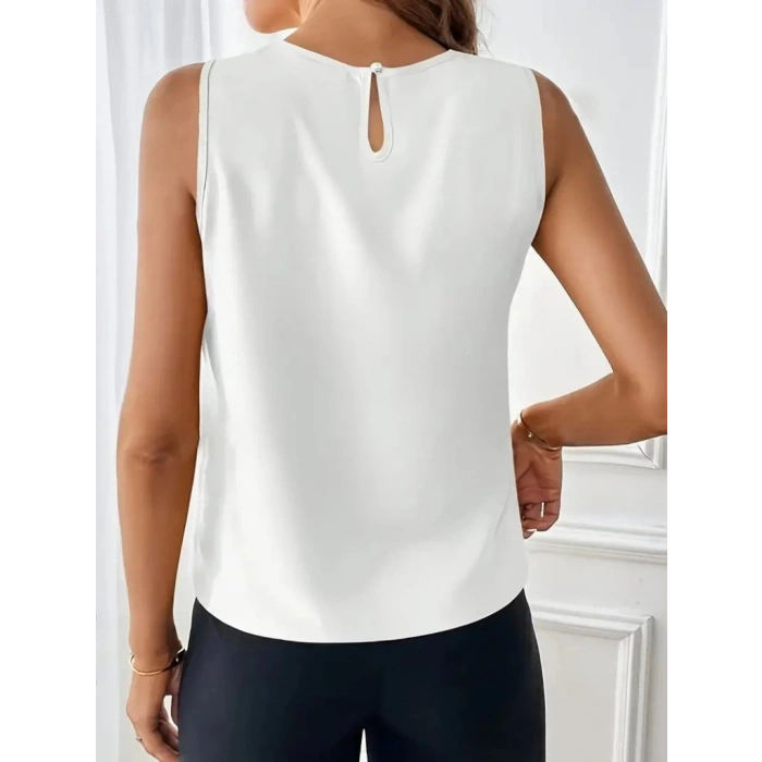 Kadın Sıfır Kollu Bisiklet Yaka önden Pileli Ithal Krep Bluz