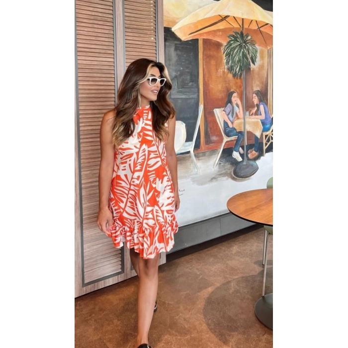 Kadın Sıfır Kollu Bisiklet Yakalı Fırfırlı Desenli Sofya Elbise