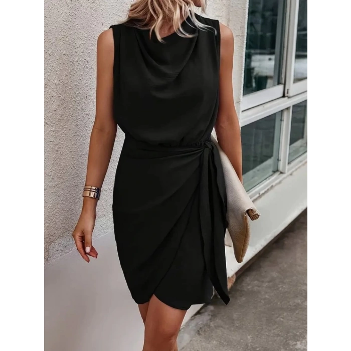 Kadın Sıfır Kollu Degaje Yakalı Yandan Bağlamalı Aerobin Elbise