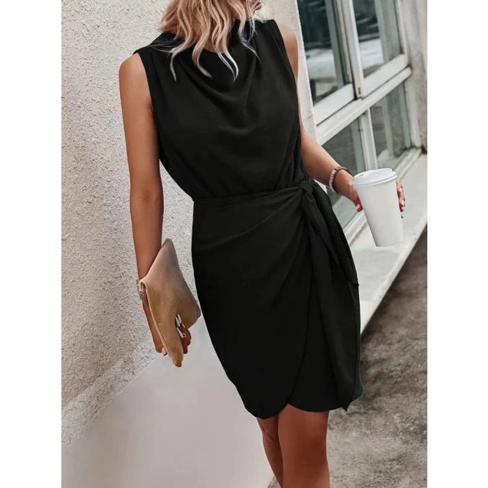 Kadın Sıfır Kollu Degaje Yakalı Yandan Bağlamalı Aerobin Elbise