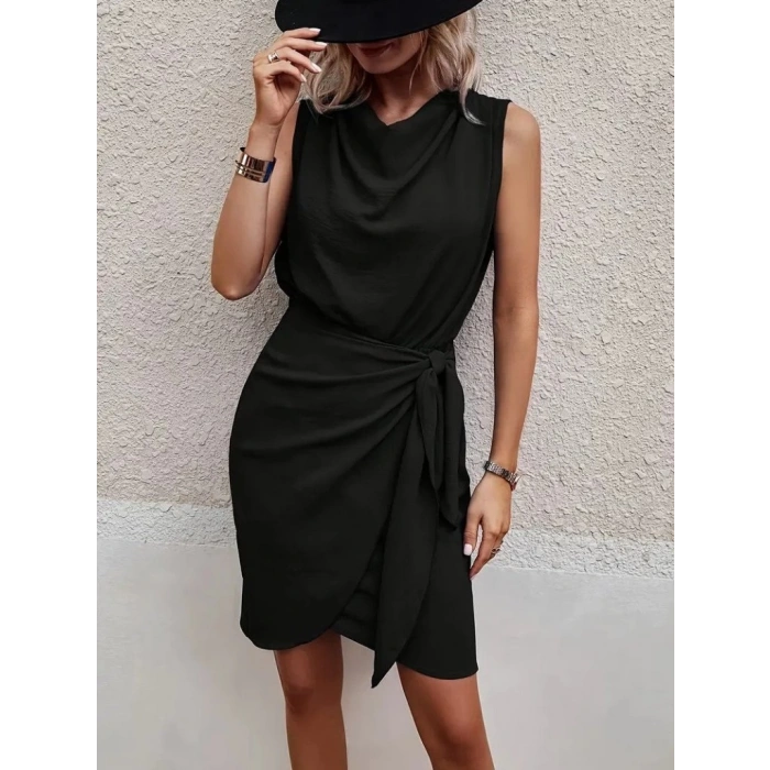 Kadın Sıfır Kollu Degaje Yakalı Yandan Bağlamalı Aerobin Elbise