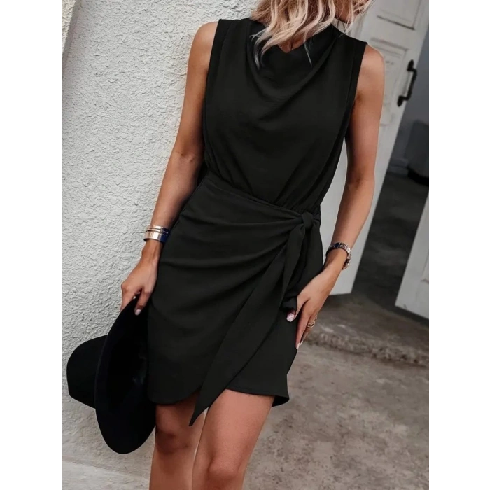 Kadın Sıfır Kollu Degaje Yakalı Yandan Bağlamalı Aerobin Elbise