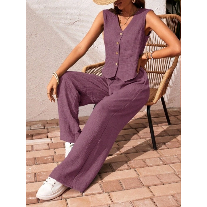 Kadın Sıfır Kollu Düğmeli Yelek Ve Pantolon Bürümcük Ikili Takım