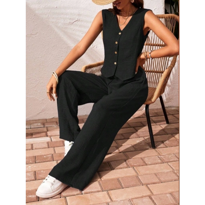 Kadın Sıfır Kollu Düğmeli Yelek Ve Pantolon Bürümcük Ikili Takım
