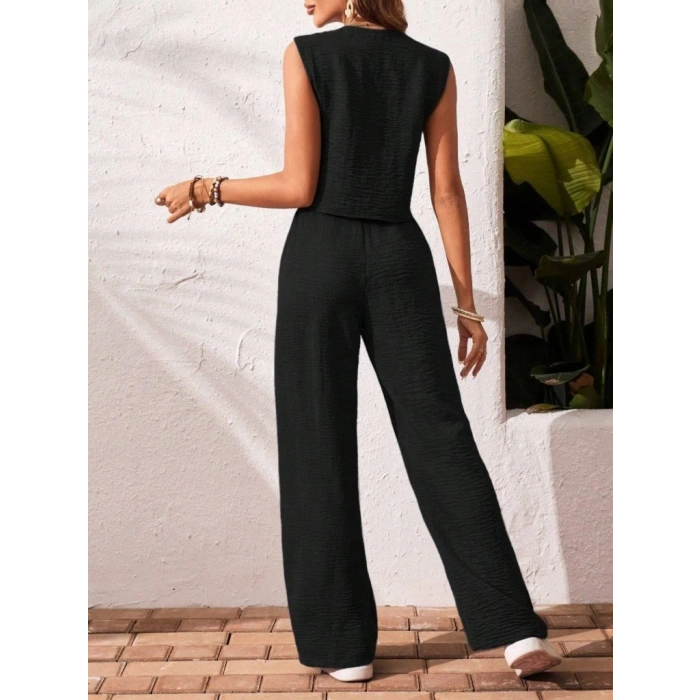 Kadın Sıfır Kollu Düğmeli Yelek Ve Pantolon Bürümcük Ikili Takım