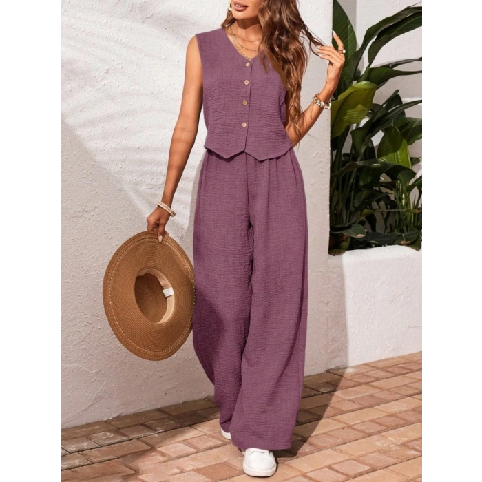 Kadın Sıfır Kollu Düğmeli Yelek Ve Pantolon Bürümcük Ikili Takım