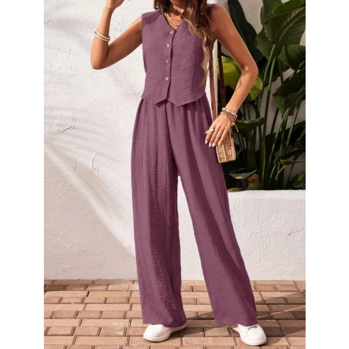 Kadın Sıfır Kollu Düğmeli Yelek Ve Pantolon Bürümcük Ikili Takım