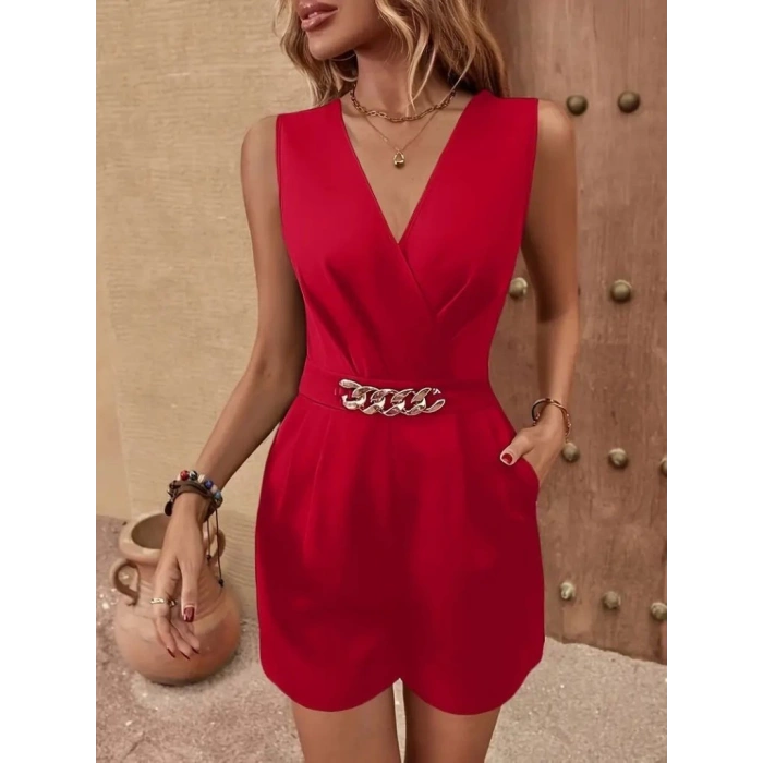 Kadın Sıfır Kollu V Yakalı Cep Detaylı Ithal Krep Tulum