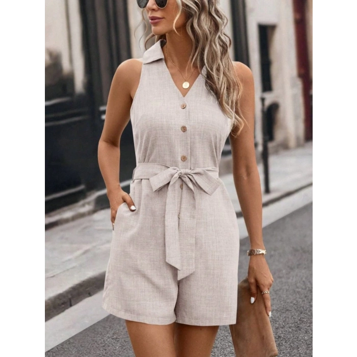 Kadın Sıfır Kollu Yakalı Düğmeli Belden Kuşaklı Kısa Keten Tulum